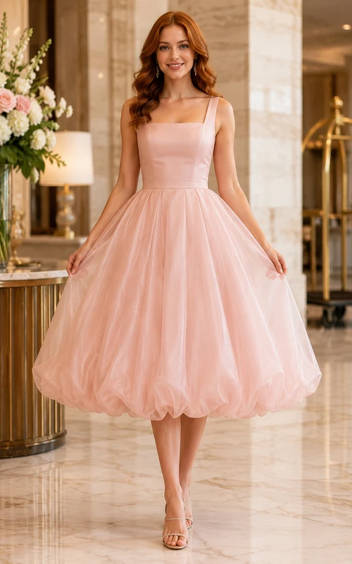 Cocktailkleid aus rosafarbenem Tüll, A-Linie, eckiger Ausschnitt, ärmellos, Teelänge