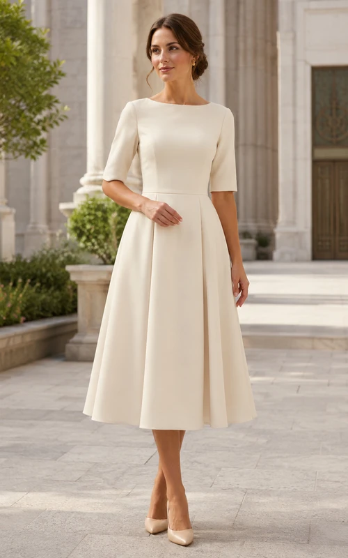 Cream Bateau Neck Short Sleeve Temple Ceremony Midi Dress