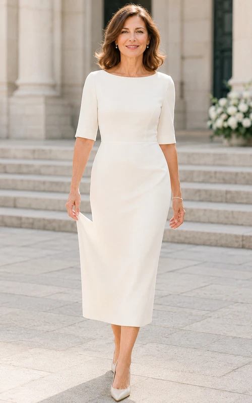 Robe de mariée civile simple en satin, coupe fourreau, manches courtes, ourlet bateau, longueur thé, style fourreau, pour mariées plus âgées