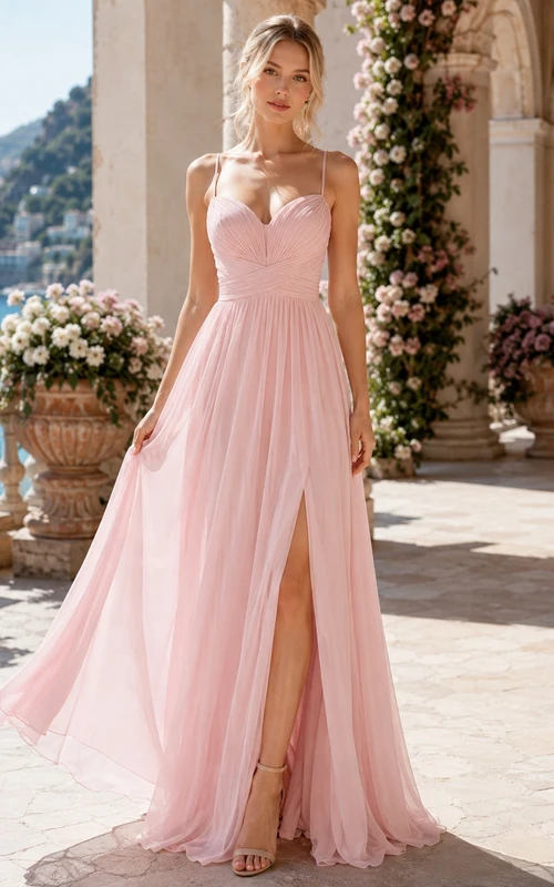 Rosafarbenes, bodenlanges Chiffonkleid mit Spaghettiträgern, A-Linie, herzförmigem Ausschnitt und Schlitz