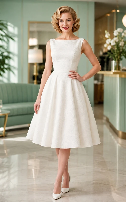 White Jewel Neck Sleeveless Tea Length A-Line Vintage Dress