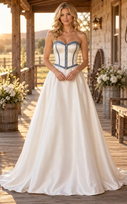 Sencillo vestido de novia de satén estilo western, sin tirantes, corte en A, con corpiño de escote corazón y ribete de mezclilla.