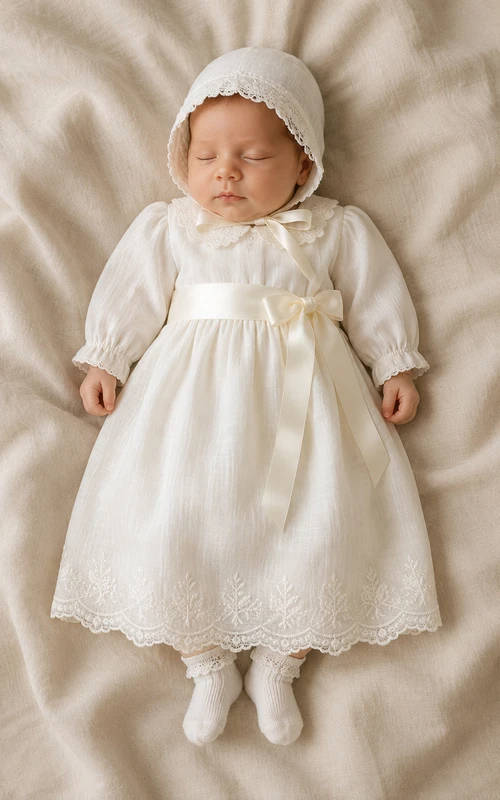 Vestido de bautizo vintage modesto, corte en A, manga larga, de algodón y encaje, largo hasta la rodilla, con gorrito, color marfil.