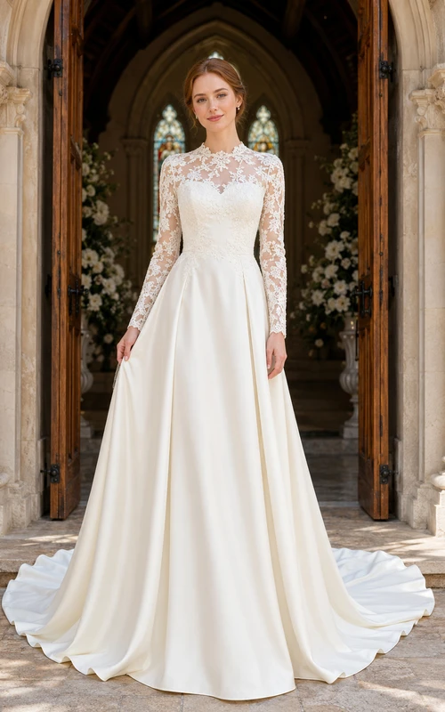 Robe de mariée trapèze à manches en dentelle recouvertes, idéale pour une entrée d'église.
