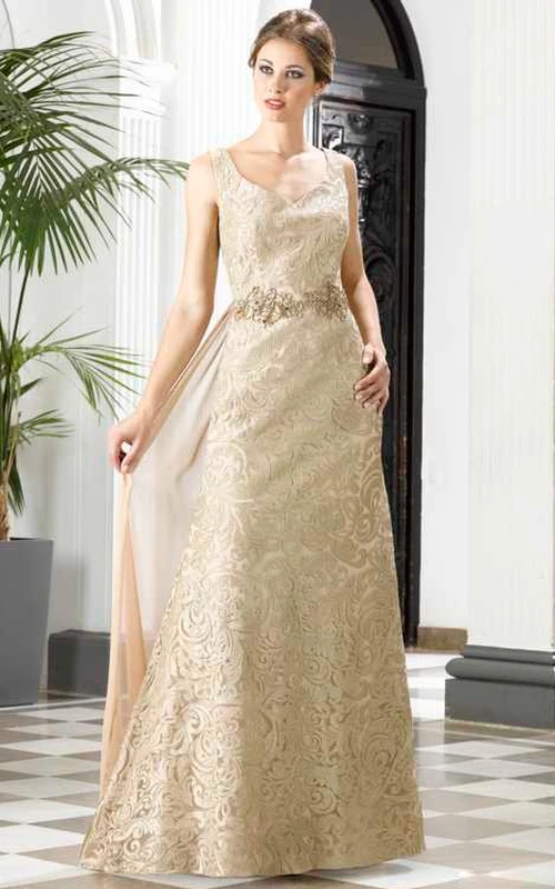 A-Line Floor-Length V-Neck Sleeveless Lace Waist Jewellery Detachable Train Low-V Back Dress