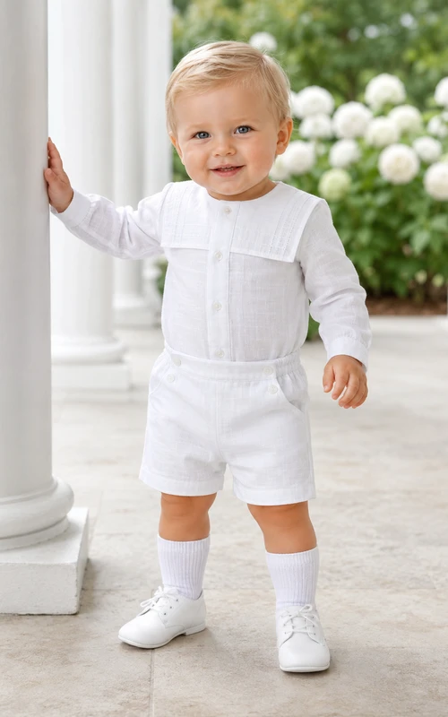 Modernes weißes Baby-Jungen-Shorts-Outfit mit asymmetrischen Ärmeln und Abnähern
