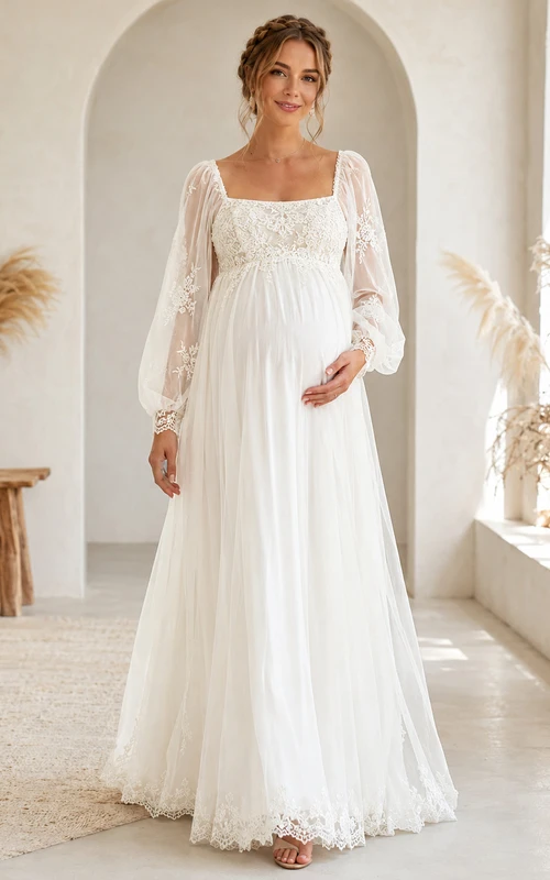 Robe de mariée vintage en mousseline de soie, col carré, manches bouffantes en dentelle, coupe trapèze, col carré et manches longues bouffantes.