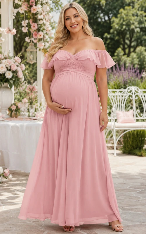 Vestido de maternidad romántico de gasa con mangas cortas y escote Bardot, largo hasta el suelo, color rosa empolvado, estilo imperio, con diseño de dosel de rosas.