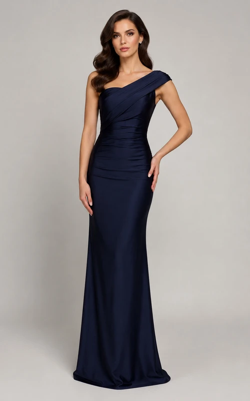 Dark Navy One-Shoulder Jersey Mermaid Formal Dress with Draped Neckline