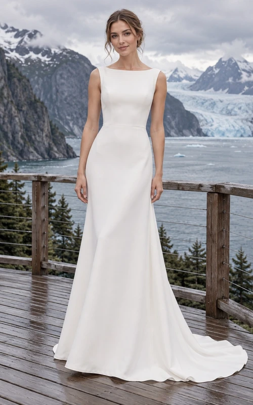 Elegante vestido de novia de crepé con escote barco, cola larga y botones en la espalda.