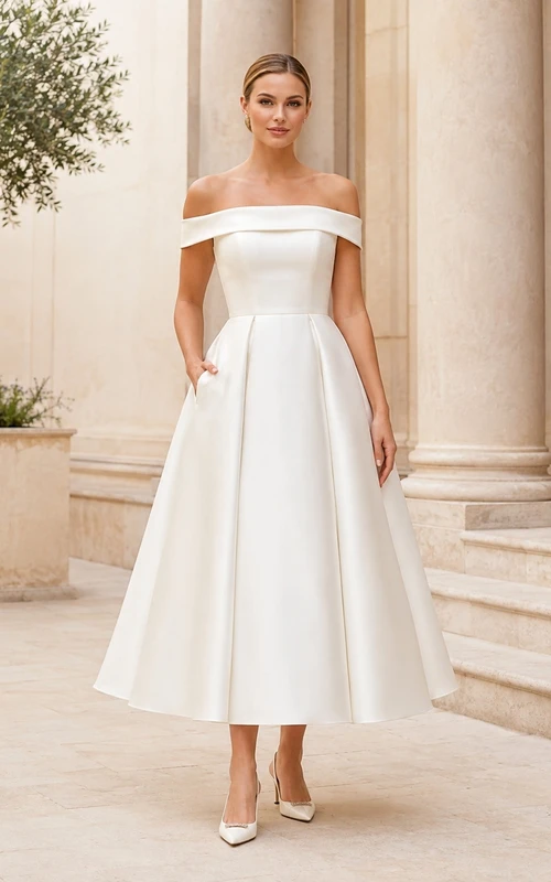 Off-Shoulder Sleeveless Satin A-Line Tea-Length Modern Wedding Dress