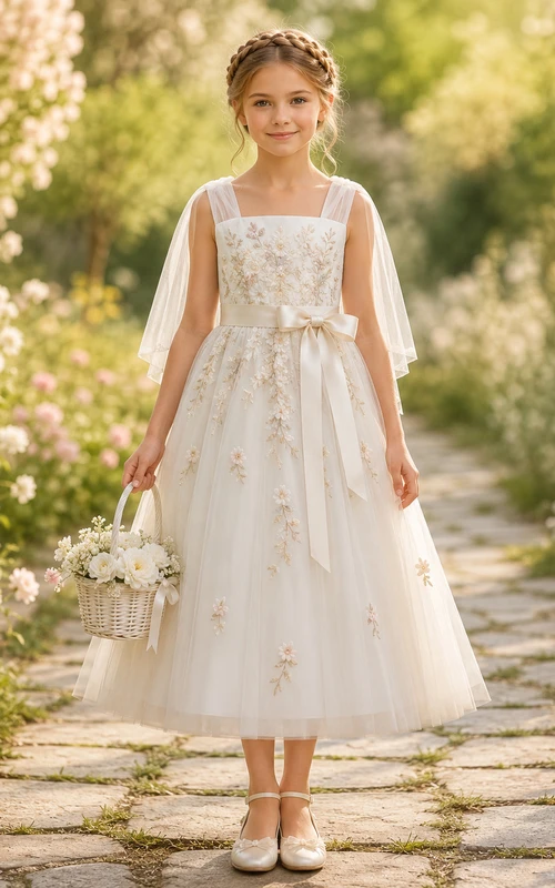 Vestido de comunión de tul floral con mangas de volantes transparentes para niña de las flores, estilo jardín y té.