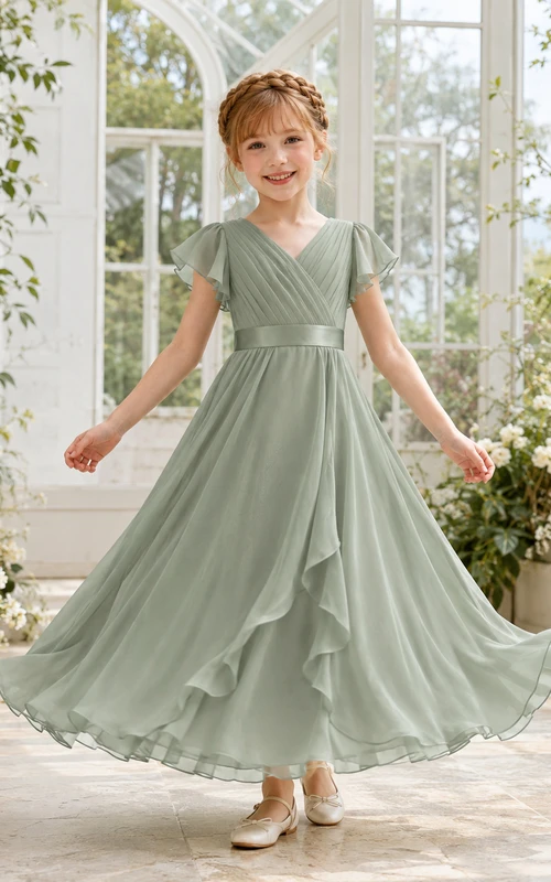Robe de demoiselle d'honneur en mousseline vert sauge, coupe trapèze, col en V, manches pétales, volants et ruban