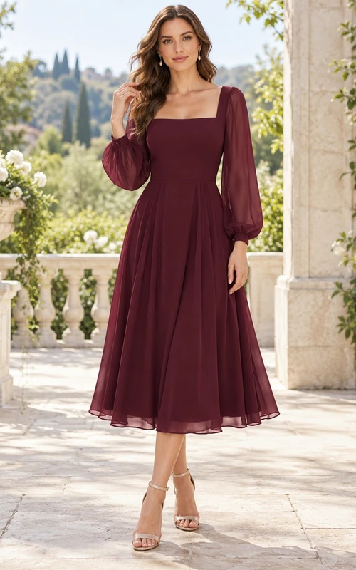 Long Sleeve Square Neck Burgundy Chiffon Bishop Midi Formal Dress