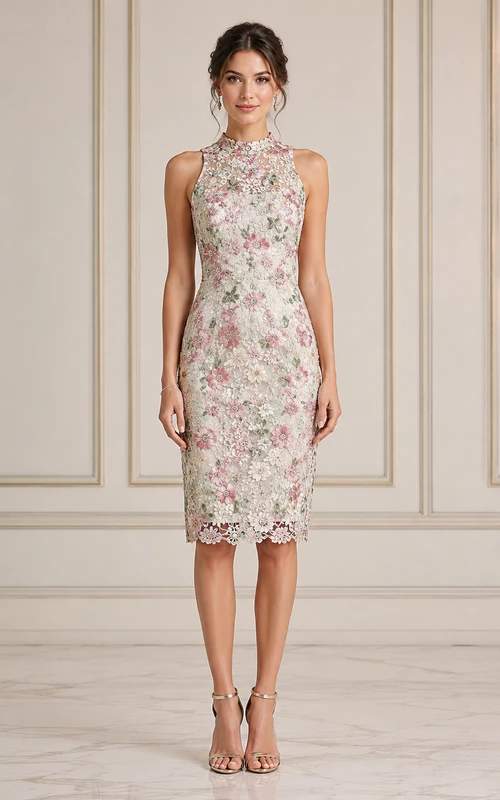 Elfenbeinfarbenes Cocktailkleid mit Blumenmuster, hoher Kragen und hohem Kragen, knielang