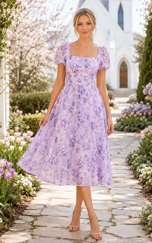 Lavender Floral Square Neck Puff Sleeve Midi Easter Dress