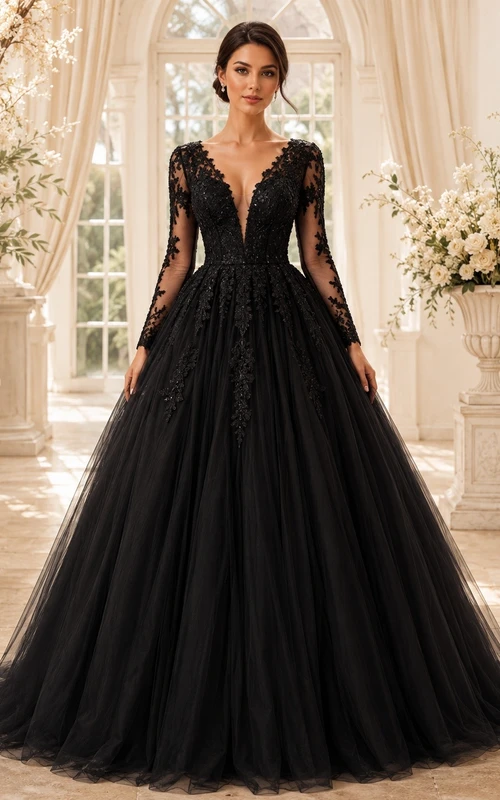 Black Romantic Luxury V-Neck Long-Sleeve Lace-Tulle Tiered Ball-Gown Floor-Length Prom Dress