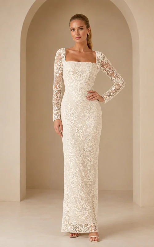 Elegant Lace Square Neck Long Sleeve Floor Length Wedding Gown