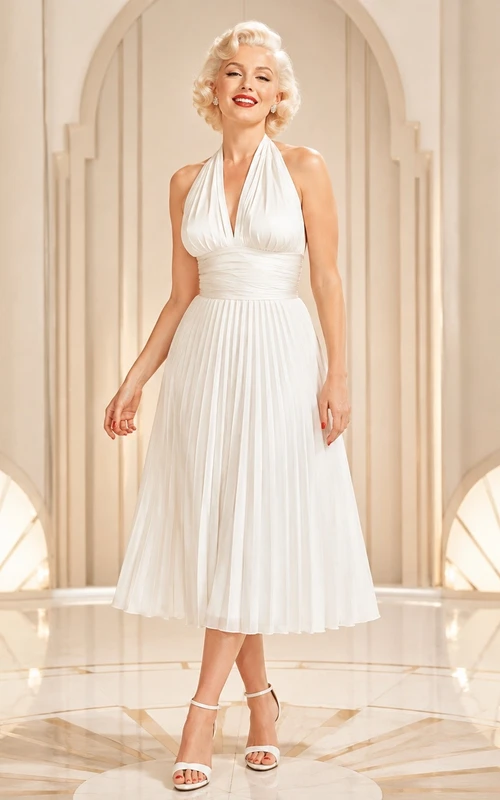 Vintage Teelanges Neckholder-A-Linien-Cocktailkleid in Weiß mit Falten