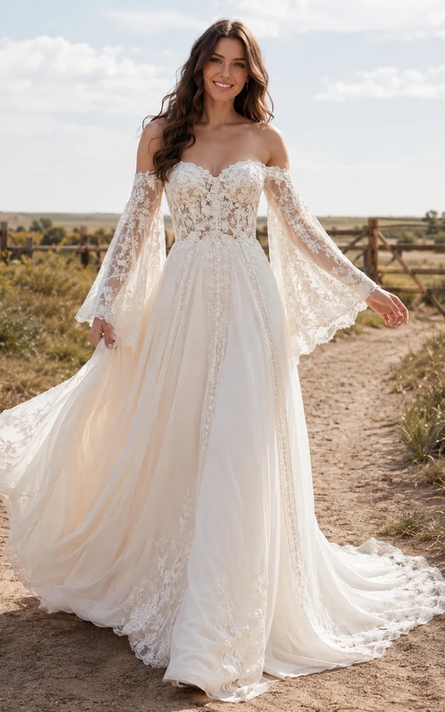 Vestido de novia de tul y encaje campestre, corte en A, hombros descubiertos, manga corta, cola de capilla, espalda baja en V.