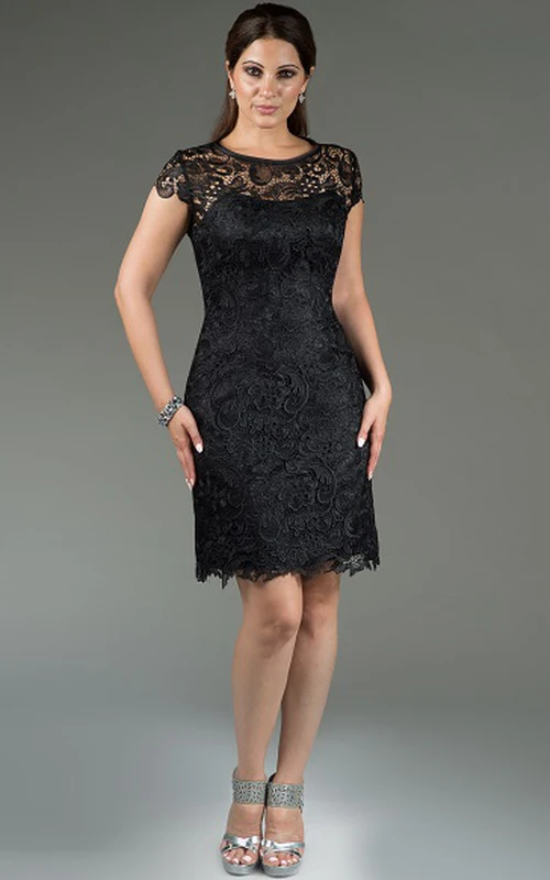 Vestido de dama de honor de encaje, manga corta y escote redondo, largo hasta la rodilla.