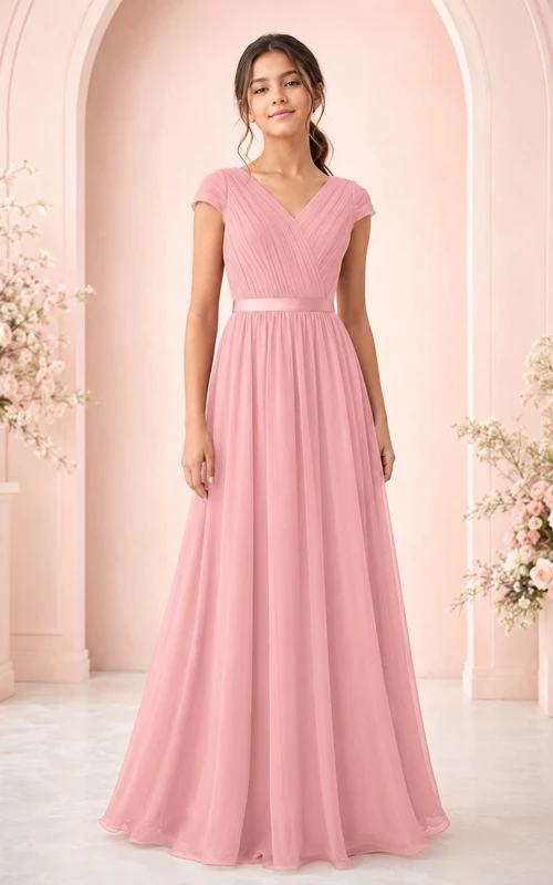 Elegantes, zartrosa Chiffon-Brautjungfernkleid mit kurzen Ärmeln, V-Ausschnitt, A-Linie und bodenlang