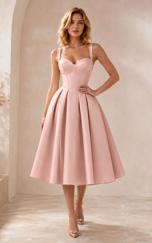 Romantisches, herzförmiges A-Linien-Cocktailkleid aus Satin in zartem Rosa mit Spaghettiträgern und Teelänge.