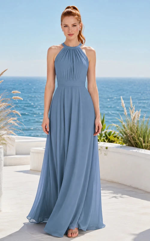 Steel Blue Oceanfront A-Line Chiffon Bridesmaid Dress with Sleeveless Halter High Neck Bodice, Pleated Floor-Length Skirt and Keyhole Strappy Back