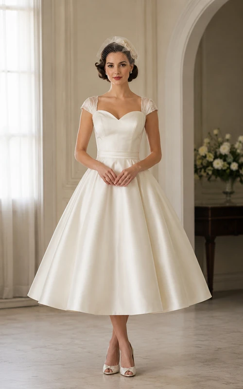 Vintage Sweetheart Lace Cap Sleeve Tea-Length Dress