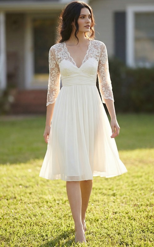 long sleeve knee length wedding dress Short Wedding Dress V-Neck Long Sleeves Short Knee-Length Bridal Dresses