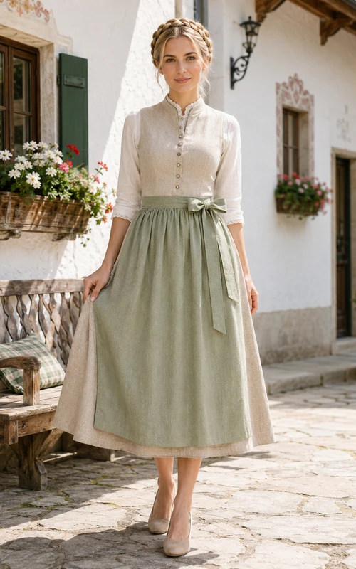 Dirndl modesto de lino color crema, corte A, largo hasta la rodilla, cuello alto, manga tres cuartos