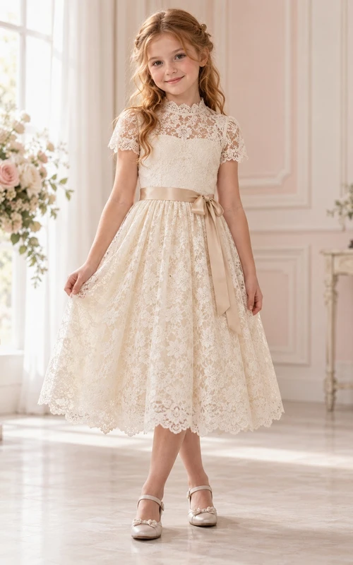 Vestido de niña de flores de corte A, largo hasta la rodilla, cuello alto, estampado floral color marfil, encaje, mangas cortas y fajín color champán.