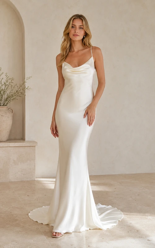 Brautkleid aus Satin im Meerjungfrauenstil mit Spaghettiträgern und Schleppe