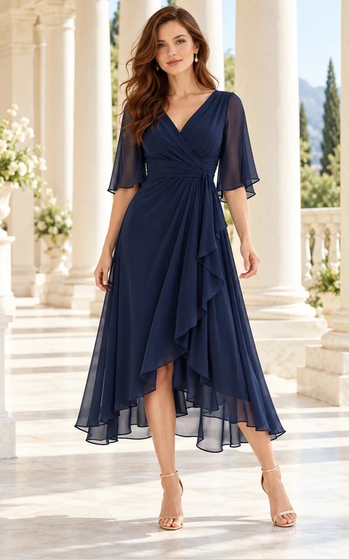 High-low Dark Navy Wrap Neck Chiffon Flutter Sleeve Wedding Guest Dress