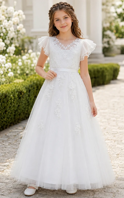 Weißes Blumenmädchenkleid aus Tüll mit floraler Spitze, flatternden Ärmeln und Kommunionskleid