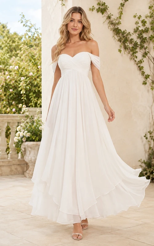 Teelanges, schlichtes, schulterfreies, romantisches Sommerkleid aus Chiffon in A-Linie