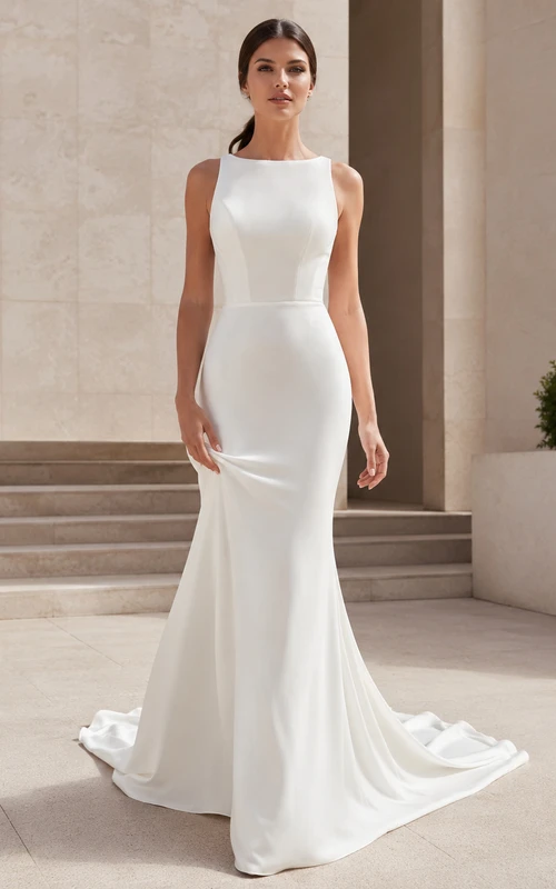 Robe de mariée sirène moderne en satin sans manches à col montant et dos nu avec décolleté en goutte d'eau