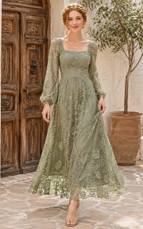 Sage Lace Square-Neck Long-Sleeve A-Line Ankle-Length Occasion Dress
