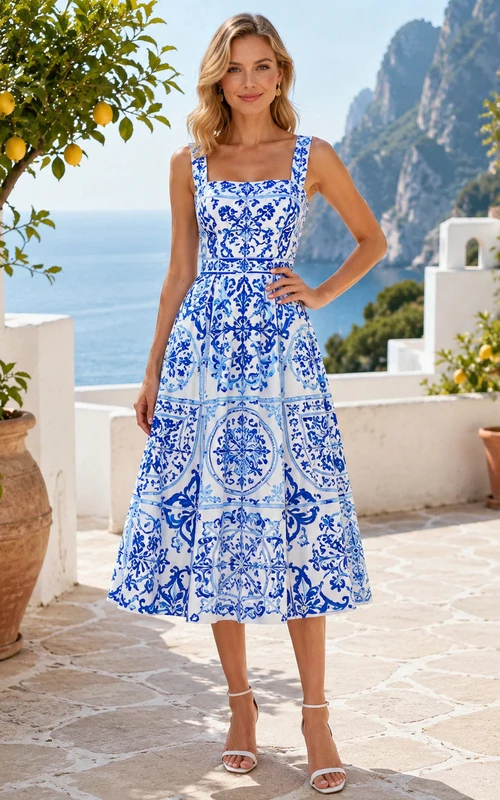 Mediterranean Tile Square Neck Printed Midi Guest Occasion Dress