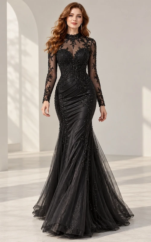 Robe de soirée sirène noire à manches longues, froncée et ornée de dentelle.