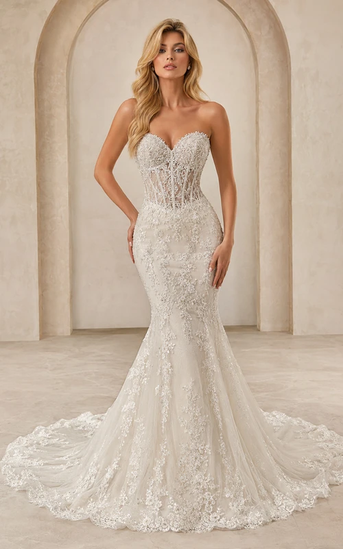 Trägerloses Brautkleid im Meerjungfrauenstil mit herzförmigem Herzausschnitt, Korsett, Spitze und luxuriöser Kapellenschleppe, mit Muschelsaum