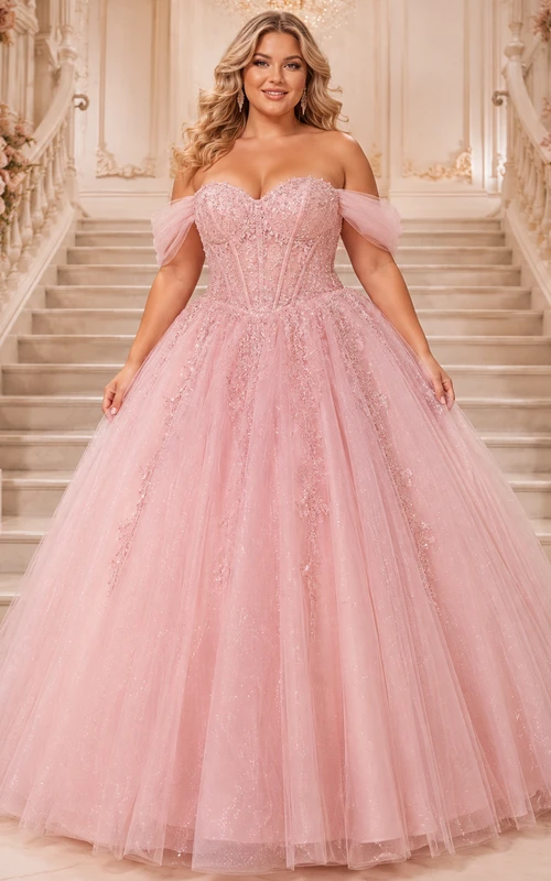 Vestido de fiesta formal de princesa de tul brillante con hombros descubiertos, color rosa empolvado, talla grande, para quinceañera