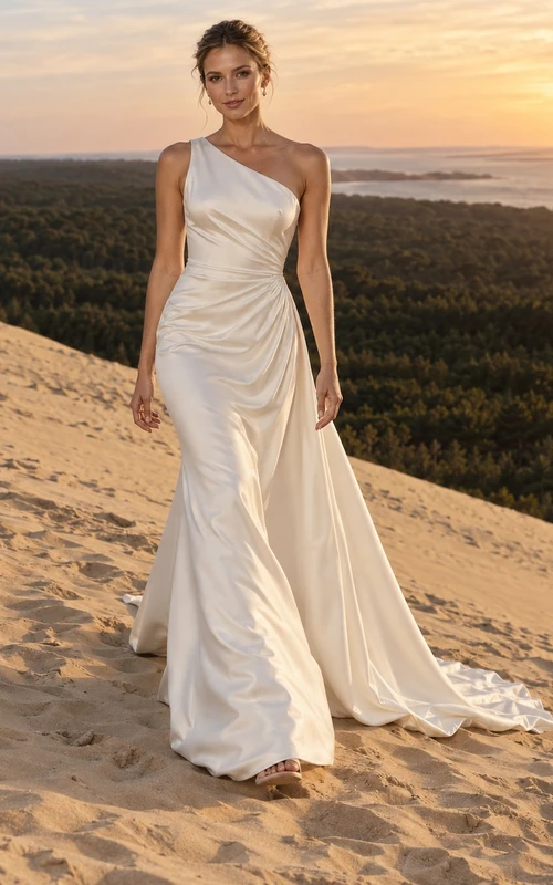 Sencillo vestido de novia de satén de un solo hombro, corte sirena, drapeado lateral y cola larga hasta el suelo.