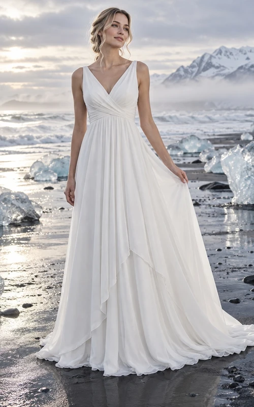 Sencillo vestido de novia de corte A sin mangas en georgette con escote en V fruncido y falda superpuesta.