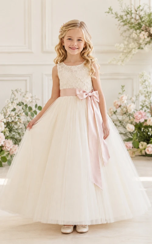 Elegantes, romantisches Blumenmädchenkleid mit Spitzenmieder, Tülloberteil, A-Linien-Schnitt, bodenlang, abnehmbarer Schärpe