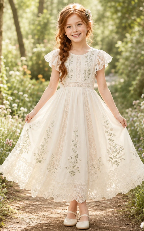 Romantisches Boho-Gartenkleid aus Tüll mit Blumenstickerei, Teelänge und Blütenblattärmeln