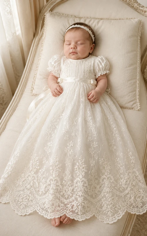 Scalloped Lace Hem Baptism Gown A-Line Tulle Jewel Neck Short Sleeve