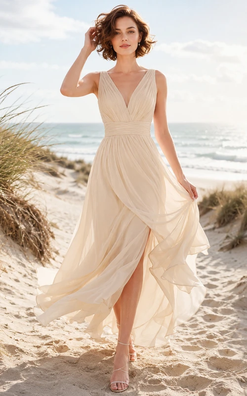 Vestido de novia de gasa fruncida con escote en V y abertura lateral para fugarse a la playa