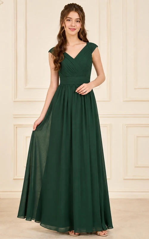 Vestido de dama de honor juvenil verde oscuro, corte en A, escote en V, manga corta, elegante y formal.