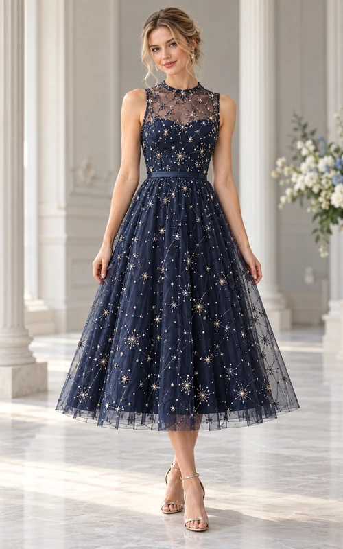 Dark Navy High Neck Star Embroidered Sleeveless Tea-length Dress